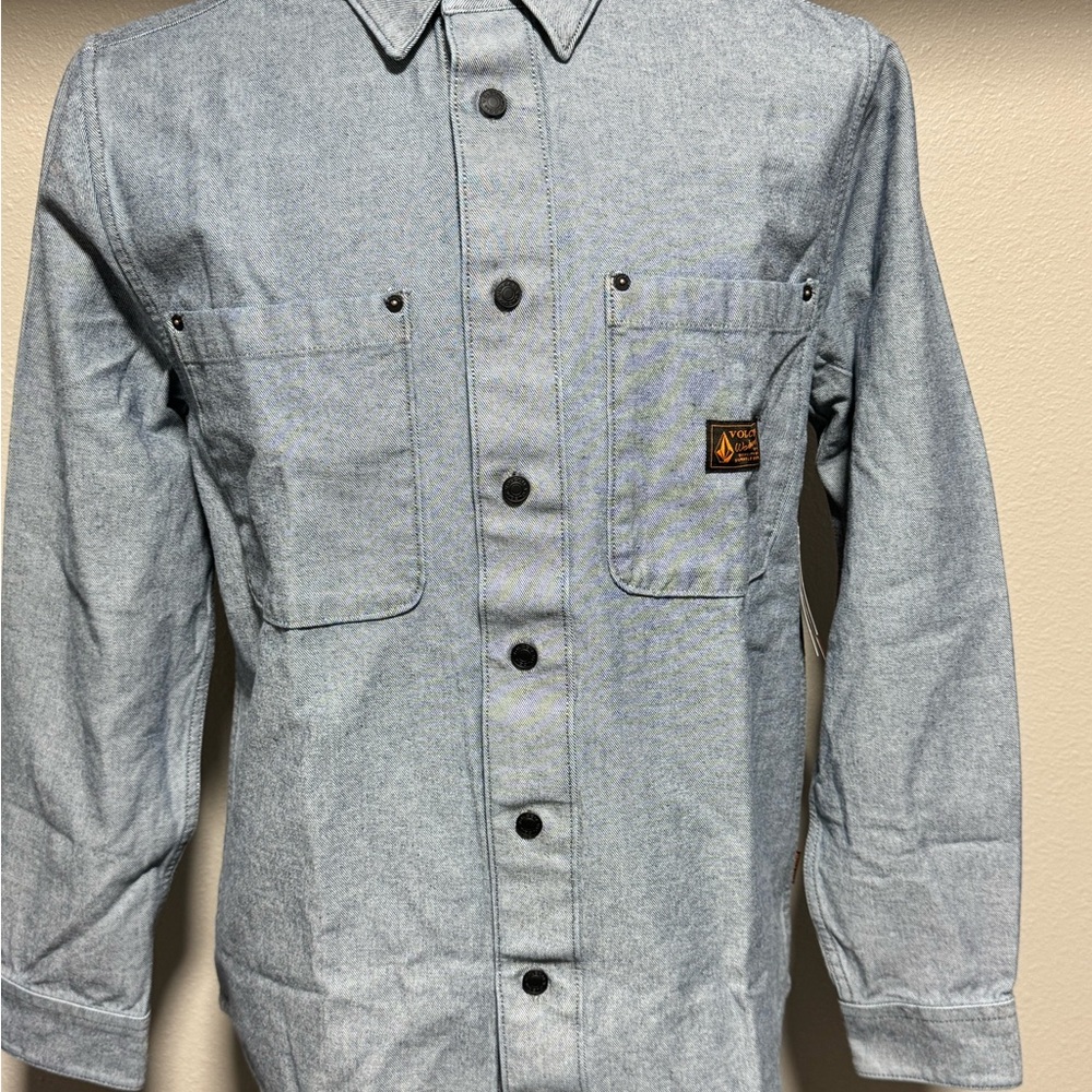 Volcom Grey-Blue Denim Work Shirt with Orange Logo Patch